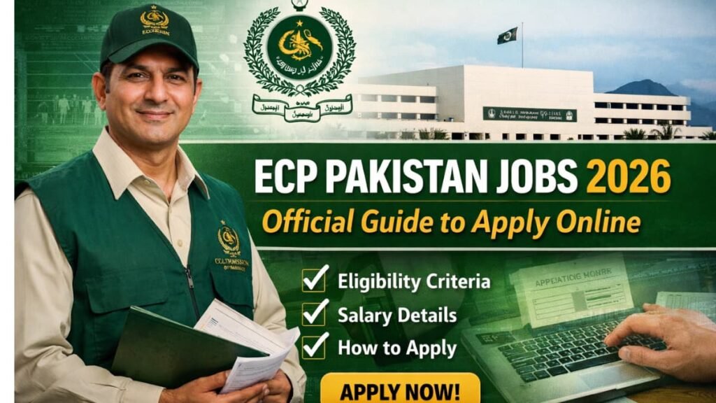 ECP Pakistan Jobs 2026 official guide thumbnail showing government career opportunities in Pakistan, with Election Commission logo and “Apply Now” call-to-action.