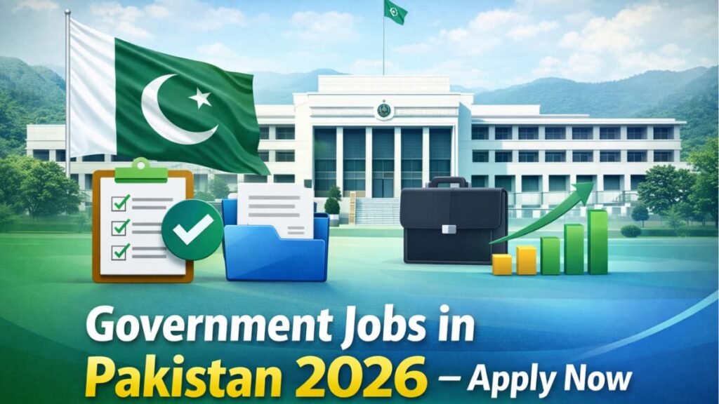 Official thumbnail for Government Jobs in Pakistan 2026 guide showing a government building, Pakistani flag, and job application icons.