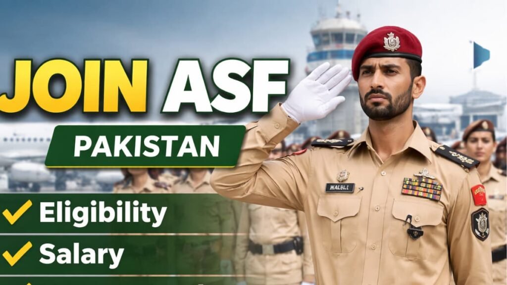 Join ASF 2026 recruitment guide showing Airport Security Force officer at airport with eligibility, salary and how to apply details in Pakistan
