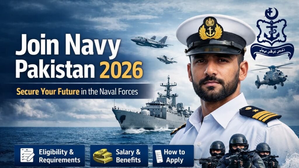 Join Air Force Pakistan 2026 recruitment banner showing uniformed officer, fighter jets, and career information for official application.
