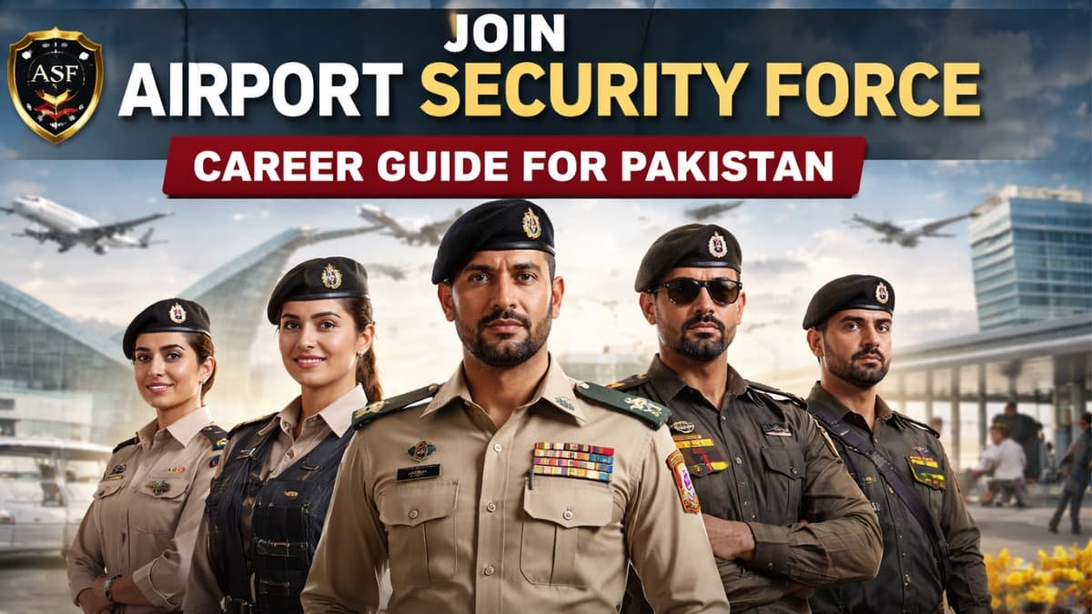 Join Airport Security Force career guide 2026 – Pakistani ASF officers in uniform, airport background, eligibility, salary, and application tips