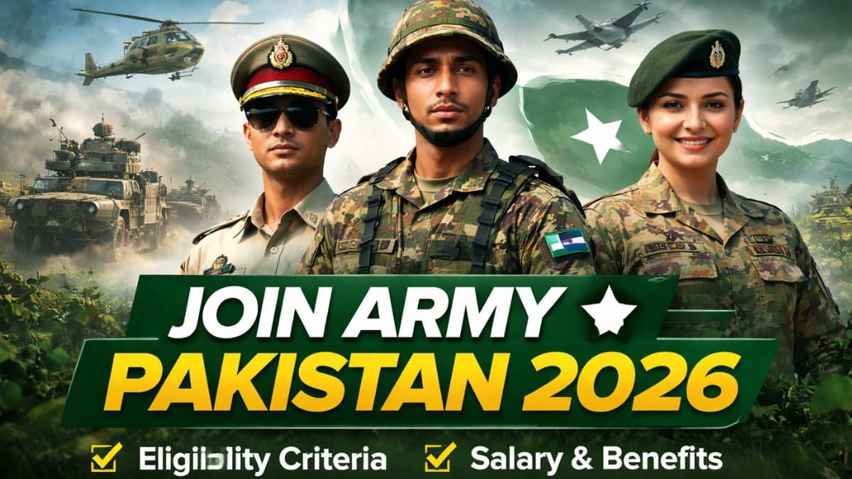 Join Army Pakistan 2026 recruitment banner showing Pakistani Army soldiers, eligibility criteria, salary, benefits, and career growth information.