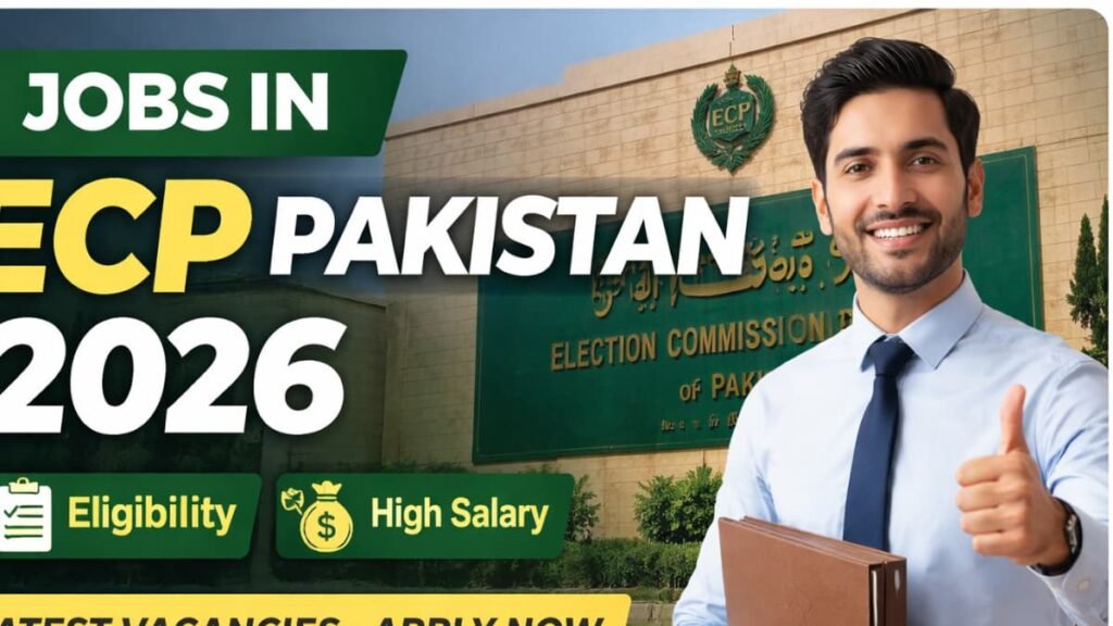 Jobs in ECP Pakistan 2026 latest official recruitment guide showing Election Commission of Pakistan building and professional candidate applying online