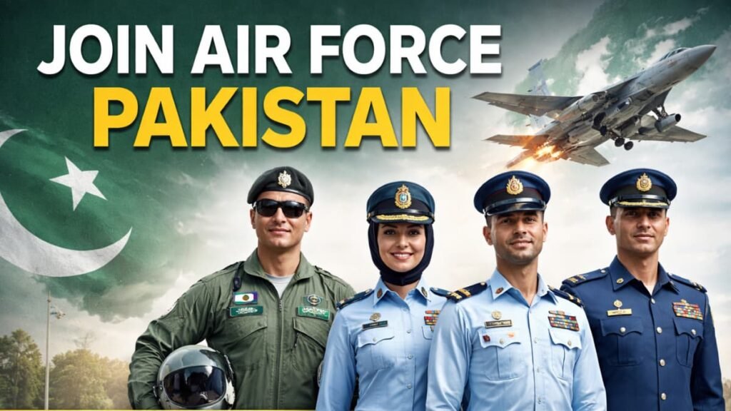 Official guide to join Air Force Pakistan 2026 showing PAF pilots, training academy, and recruitment benefits including salary and application steps.