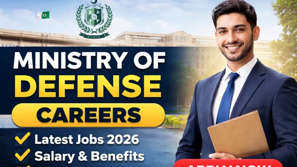 Official Ministry of Defense careers 2026 thumbnail showing Pakistani defense officer with apply now message for government jobs in Pakistan