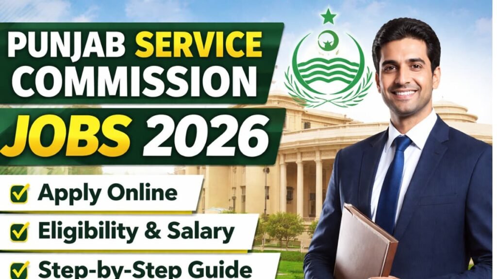 Official Punjab Service Commission Jobs 2026 banner showing government job opportunities, eligibility, salary, and application guidance in Punjab, Pakistan