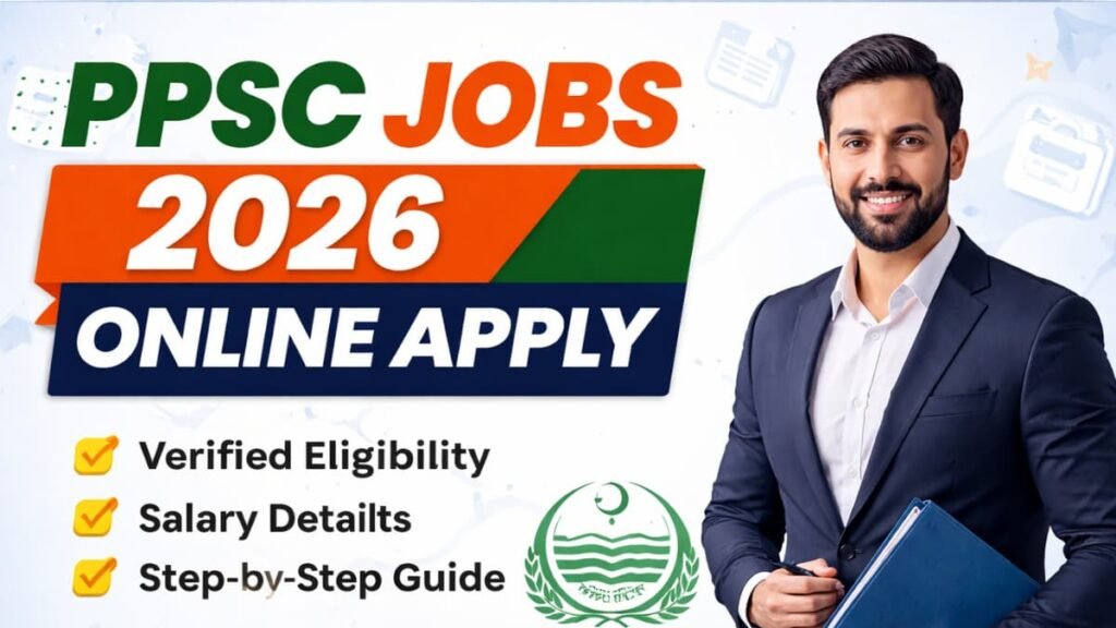 Official PPSC Jobs 2026 Online Apply guide banner showing verified eligibility, salary details, and step-by-step application process for Punjab government positions.