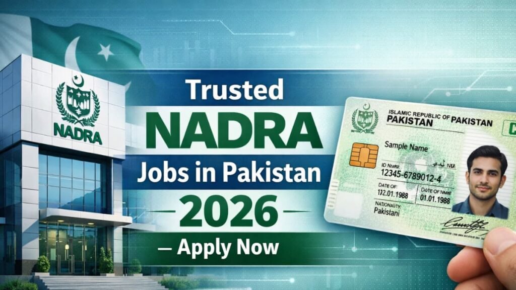 Trusted NADRA Jobs in Pakistan 2026 – Apply Guide, showing NADRA logo, Pakistani flag, and CNIC card icons.