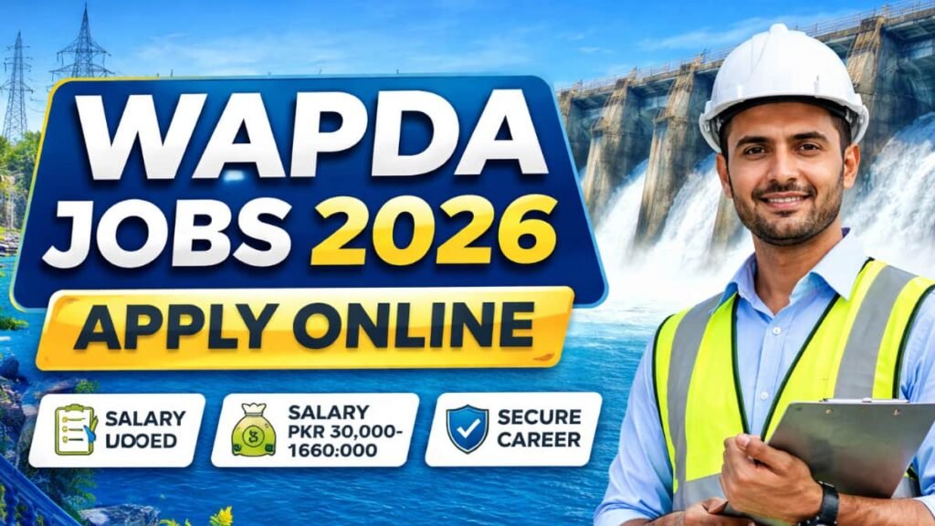 Official WAPDA Jobs 2026 Apply Online banner showing career opportunities, salary range, and secure public sector jobs in Pakistan